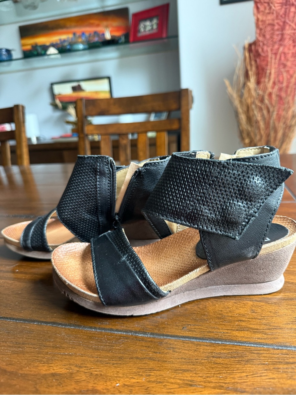 Miz Mooz Black Wedge Sandals with Textured Straps